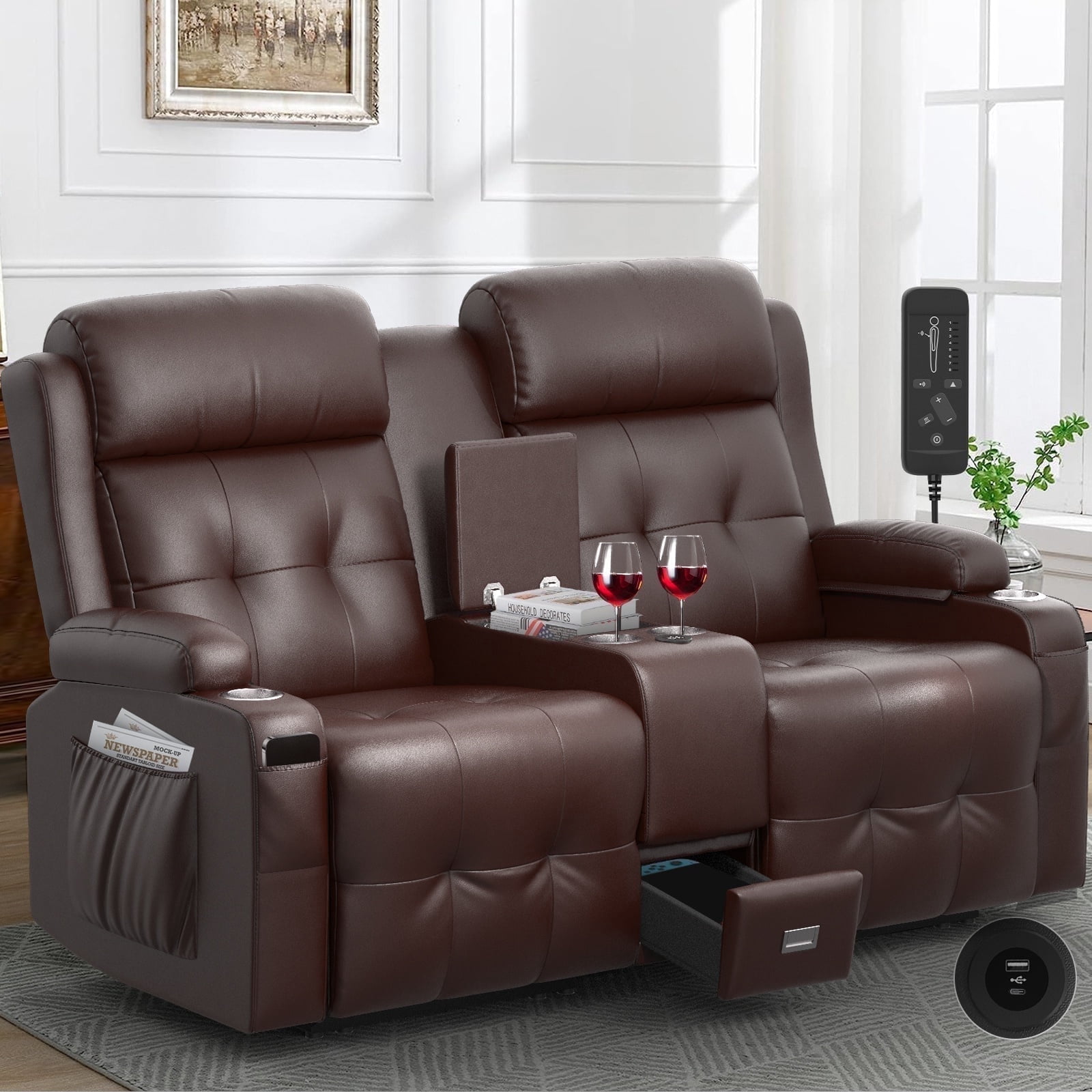 LOBERFVE Loveseat Recliner, 2 Seater Manual Recliner with Cup Holders, USB and Type-C Port, Faux Leather Recliner Chair with Massage Function for Living Room Furniture, Brown