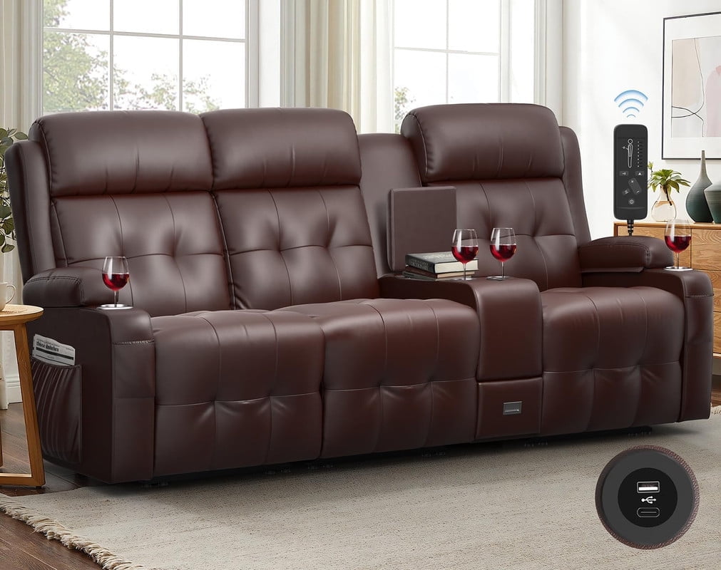 LOBERFVE Loveseat, 3 Seater Manual Recliner with Cup Holders, USB and Type-C Port, Faux Leather Recliner Chair with Massage Function for Living Room Furniture, Brown
