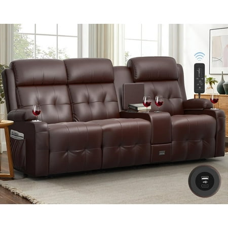 LOBERFVE Loveseat, 3 Seater Manual Recliner with Cup Holders, USB and Type-C Port, Faux Leather Recliner Chair with Massage Function for Living Room Furniture, Brown