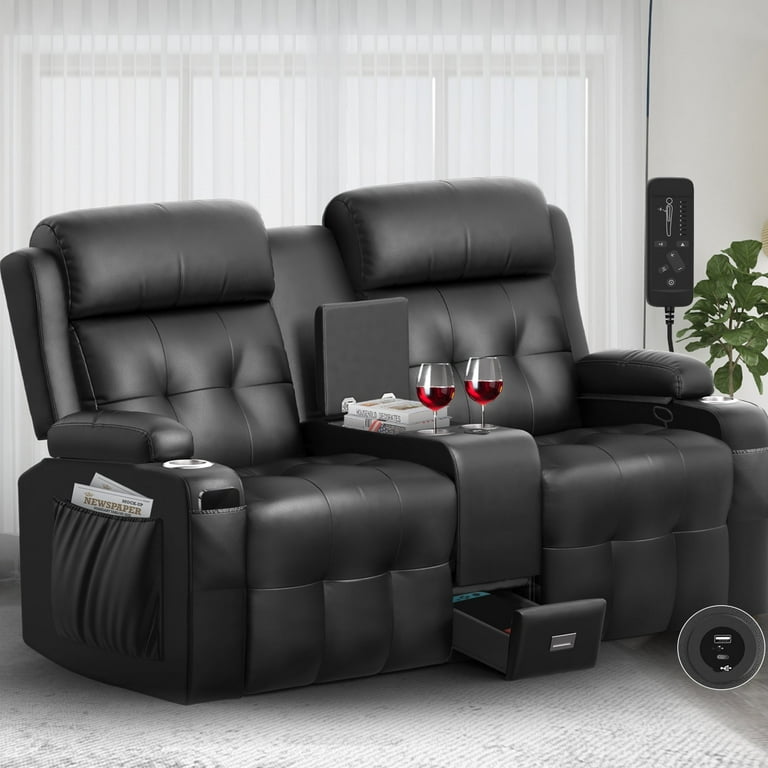 LOBERFVE Loveseat 2 Seater Manual Recliner with Cup Holders USB and Type C Port Faux Leather Recliner Chair with Massage Function for Living Room