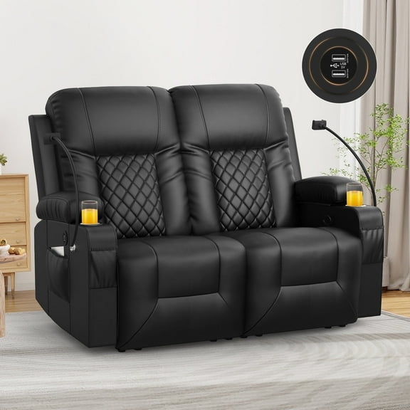 Loberfve Loveseat Recliner,Reclining Loveseat with USB Ports, 2 Cell Phone Holders and Cup Holder, Black