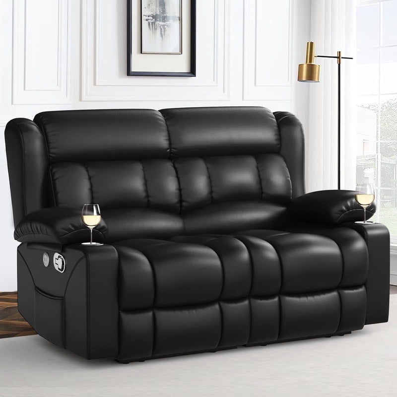 LOBERFVE Loveseat Recliner Sofa, PU Leather Reclining Loveseat with USB Charge Ports, Cup Holders, 2 Seater Manual Pull Tab Recliner Sofa Couches for Living Room, Black