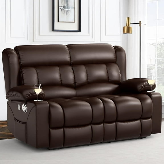 LOBERFVE Loveseat Recliner Sofa, PU Leather Reclining Loveseat with USB Charge Ports, Cup Holders, 2 Seater Manual Pull Tab Recliner Sofa Couches for Living Room, Brown