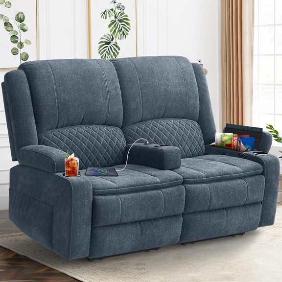 LOBERFVE Manual Reclining Loveseat Sofa, 2-Seater with USB Charging Ports, Cup Holders, Removable Armrest & 2-Tier Cushions for RV,Blue Velvet