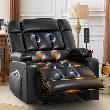 LOBERFVE Oversized Recliner Chair with Massage Heat, Reclining Chair with Storage Armrests, Side Pockets, Cup Holders Extended Footrest, Faux Leather Manual Recliners, Black