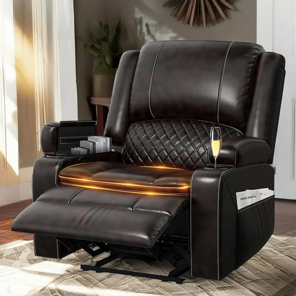 LOBERFVE Recliner Chairs for Adults, Oversize Manual Reclining Chair with 2-Tier Cushions, Faux Leather Recliner Chair with Hidden Storage Space, Living Room Recliner Chairs with Cup Holders - Brown