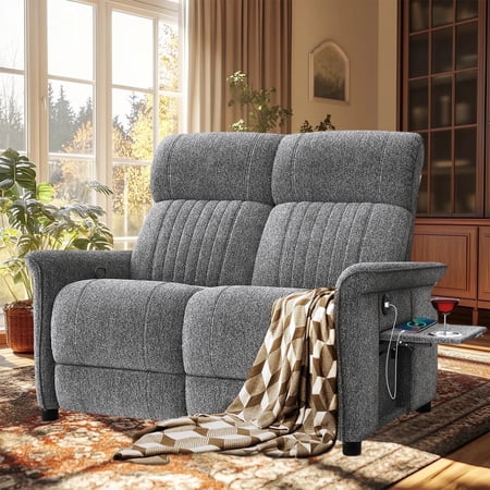 Loberfve Recliner Sofa, RV Reclining Loveseat with 2 Folding Side Table and Cup Holders, Manual Modern Loveseat Recliner Sofa with USB Ports, Gray
