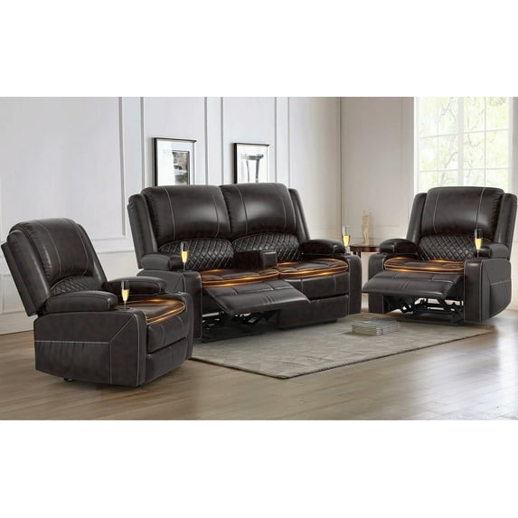 LOBERFVE Recliner Sofa Set with 2-Tier Cushion, 2+1+1 Pieces in Living Room, 2 Seater Reclining Loveseat Leather with Removable Console, 2 Oversize Recliner Chair Sofa Seat, Brown