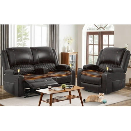 LOBERFVE Recliner Sofa Set with 2-Tier Cushion, 2+1 Pieces in Living Room, 2 Seater Reclining Loveseat Leather with Removable Console, 1 Oversize Recliner Chair Sofa Seat, Brown
