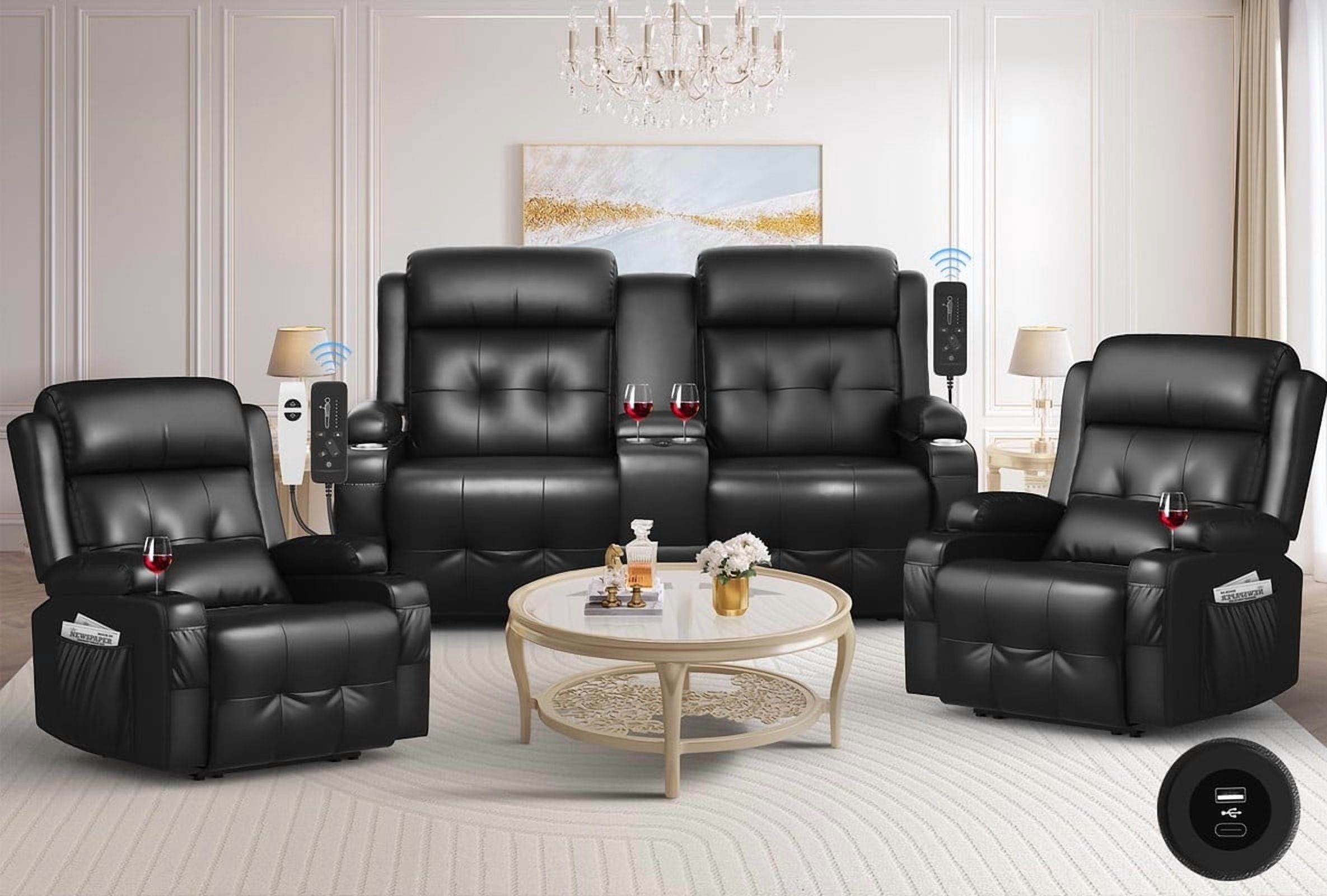 LOBERFVE Recliner Sofa Sets, Massage Reclining Loveseat Sofa, 2 Single Power Recliner Chairs Heat Massage, RV Love Seat Couch with Console, USB, Type C Port for Living Room