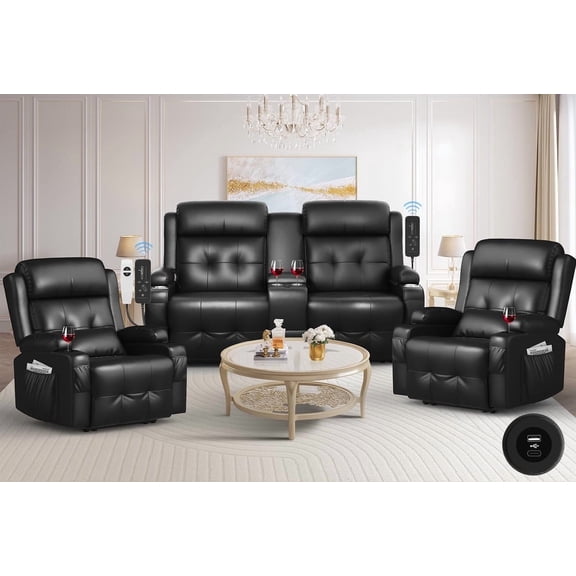 LOBERFVE Recliner Sofa Sets, Massage Reclining Loveseat Sofa, 2 Single Power Recliner Chairs Heat Massage, RV Love Seat Couch with Console, USB, Type C Port for Living Room
