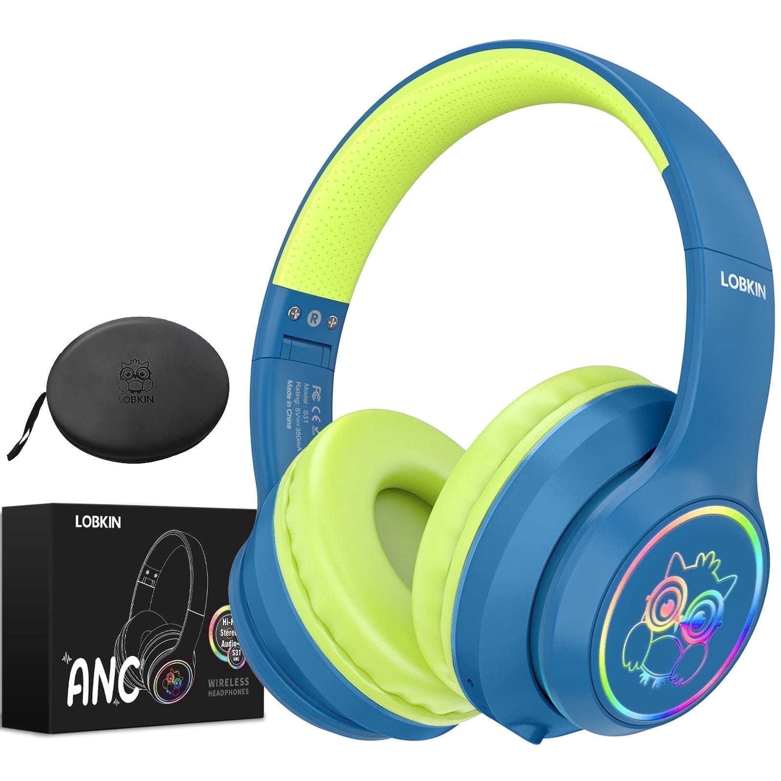 LOBKIN Headphones for Kids,Over Ear Wireless Headphones with Mic,ANC,50H Playtime,Kids Headphones for Travel/School/Tablet,Blue Green