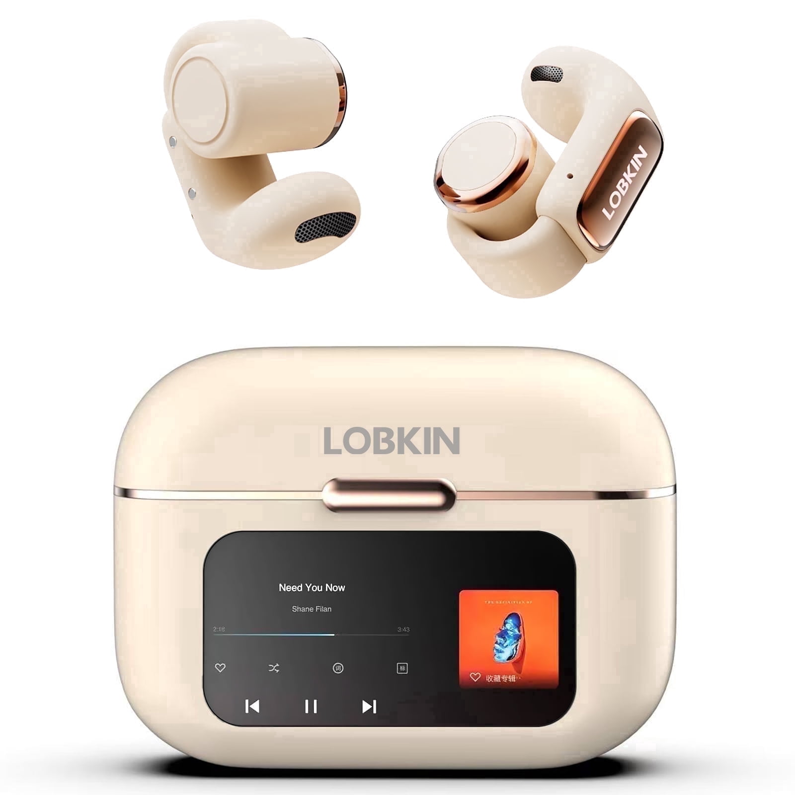 LOBKIN Open Ear Earbuds, Wireless Earbuds, Bluetooth Headphones with Mic, LED Display, Bluetooth 5.4, 36H Playtime, Light Weight, Clip On Earbuds for Workout/Running (Off-White)