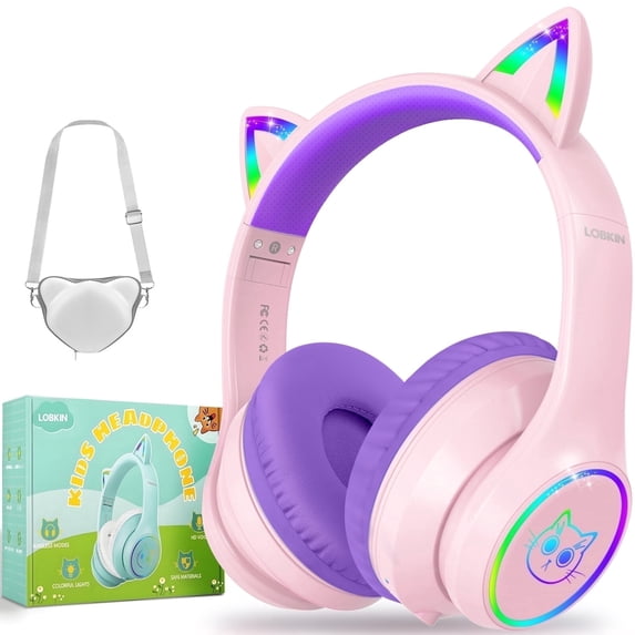 LOBKIN Kids Headphones,with Mic 50H Playtime Colorful LED Lights 94dB Safe Volume Limited Foldable for Boy Girl School/Travel/Tablet,Pink Purple