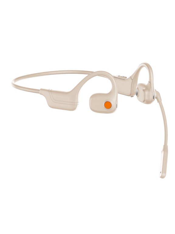 Bone Conduction Headphones with Mic, Open Ear Wireless Headset with Boom Mic, Bluetooth Noise Canceling Headphones for Home Office, Driving, Traveling, Workouts, Beige