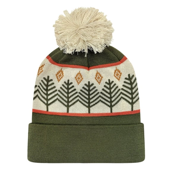 LOCALE Grand Recycled Cuffed Beanie Knit Beanie Winter Beanie 100% PET Yarn Unisex Pom Hat (Rustic Trees/ Olive Green, One Size)