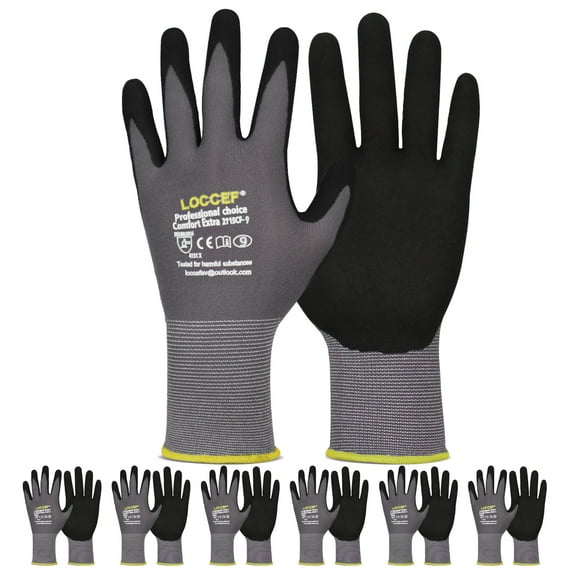 LOCCEF Work Gloves MicroFoam Nitrile Coated-6 Pairs,Seamless Knit Nylon Gloves,Gray Work gloves