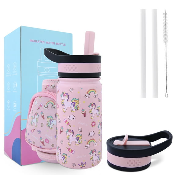 LOCHAS Kids Vacuum Stainless Steel Water Bottle for Toddlers Girls Boys Outdoor Cup with Straw 2 Lids,Insulated Water Bottle with Holder Pouch Carrier Bag,14oz,Unicorn Print