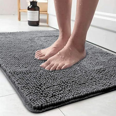 LOCHAS Luxury Bathroom Rug Shaggy Bath Mat 24 x 36 Inch, Washable Non Slip Bath Rugs for Bathroom Shower, Soft Plush Chenille Absorbent Carpets Mats, Gray