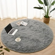 LOCHAS Luxury Round Fluffy Area Rugs for Bedroom Kids Nursery Rug Super Soft Living Room Home Shaggy Carpet 4 Feet, Gray