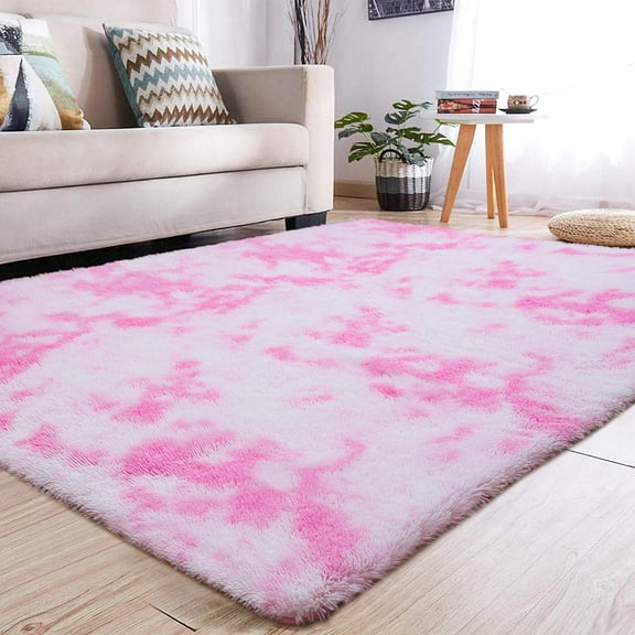 LOCHAS Soft Area Rugs Tie-dyed Print Shaggy Fluffy Carpets for Living Room Bedroom Nursery Kids Play Mat 4'x6', Pink