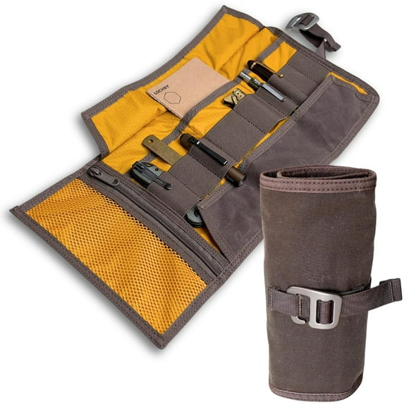 LOCHBY® Art & Electronic Organizer | EDC Roll-Up Tool Bag Pen Lovers & Tech | Multi-Pocket with Elastic Loops Pens, Cables, External Hard Drives | Stylish Waxed Canvas & Durable Aluminum Hooks C94