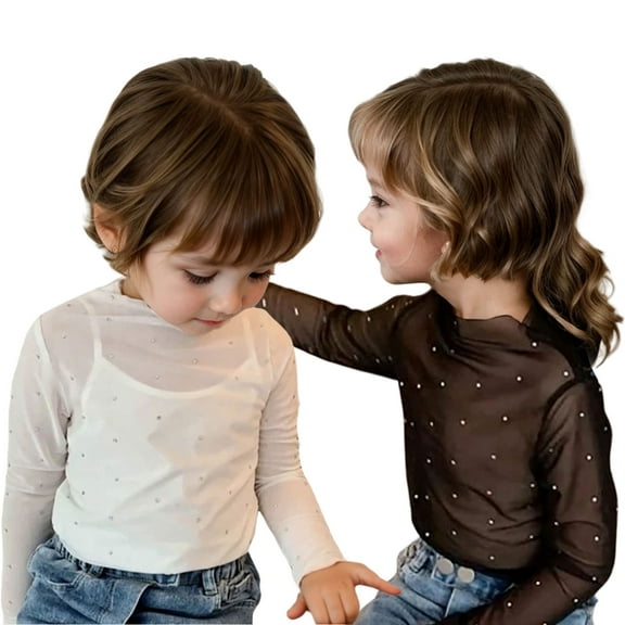 LOCHEX 2PC Girls Mesh Tops Long Sleeve Hollow-out T shirt Children's Film Fashion Outside Wear Base Clothing Tee Shirt,3-4T