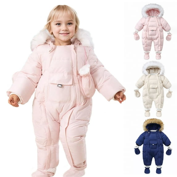 LOCHEX Baby Girl Winter Snowsuit Toddler Jacket Clothes for Boy Infant Jumpsuit Hoodied Solid Color Zipper Warm Coat,Blue,18-24M