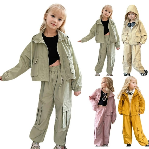 LOCHEX Girls 2 Piece Outfits Solid Color Long Sleeve Cargo Hoodie with Zipper Sport Coat and Jogger Pants Set Kids Clothing Sets,Khaki, 11-12