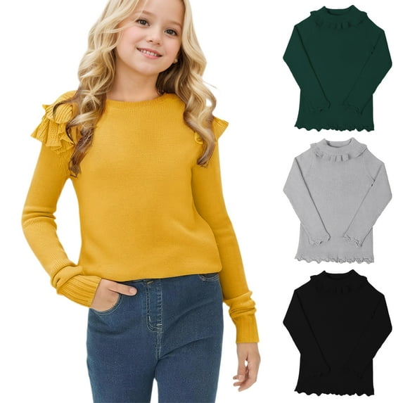 LOCHEX Girls Turtleneck Sweater Kids Casual Long Sleeve Knit Pullover Tops Solid Color Rolled Hem Base Shirt,12M