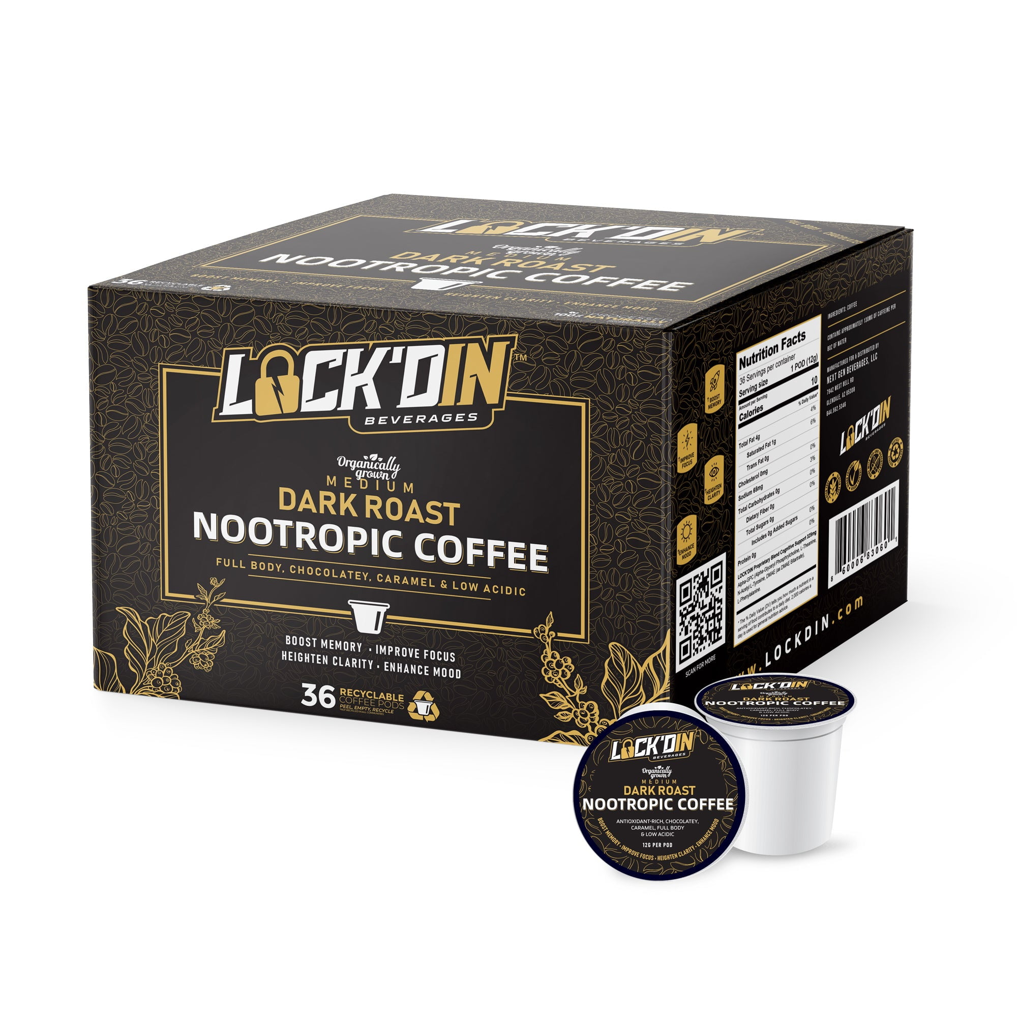 LOCK'DIN Nootropic-Infused Focus Coffee Pods (Case of 36)