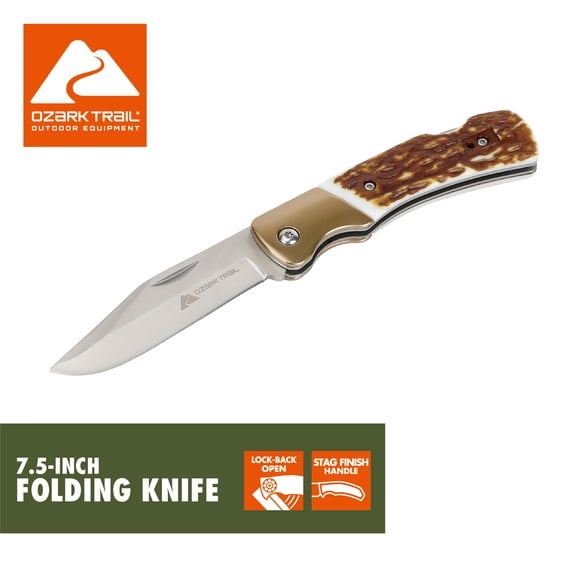 Ozark Trail 7.5-inch Lock-Back Folding Knife with Stag Handle