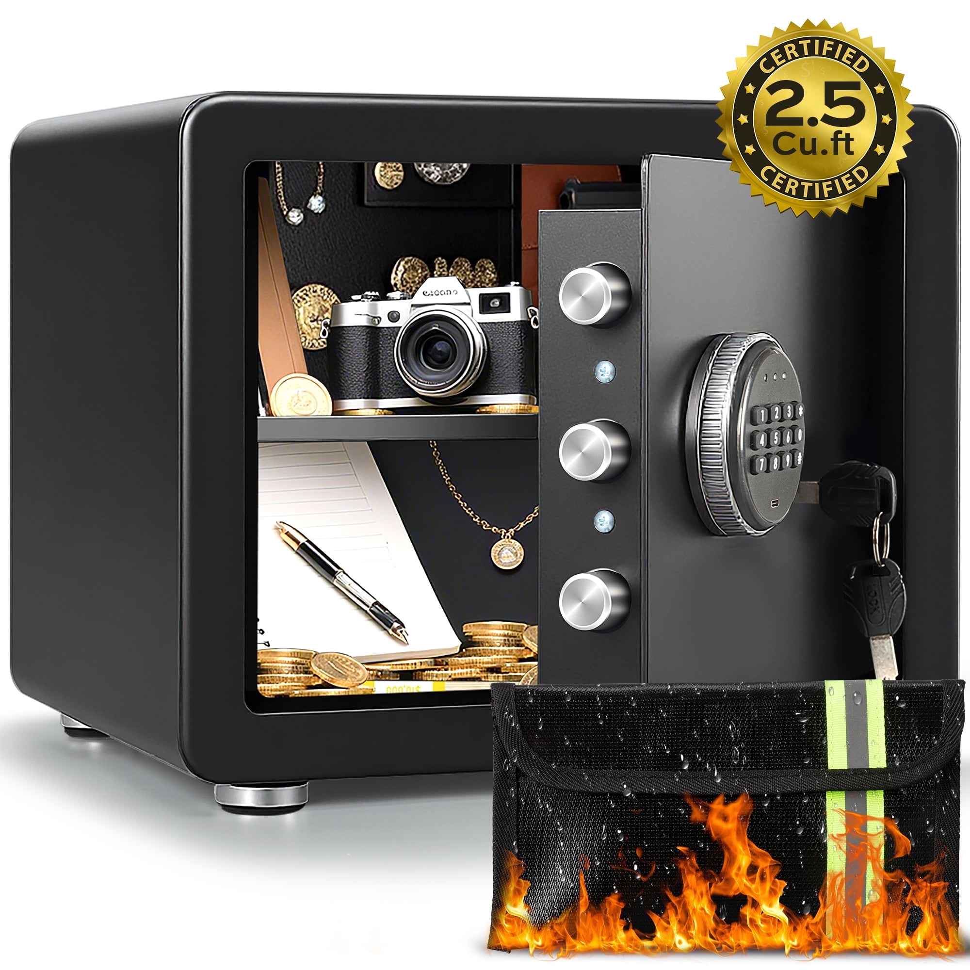 Locksworth 2.5 Cuft Large Safe Box with Digital Keypad,1 Shelf, Fireproof & Waterproof Bag for Home Office Hotel Cash Jewelry
