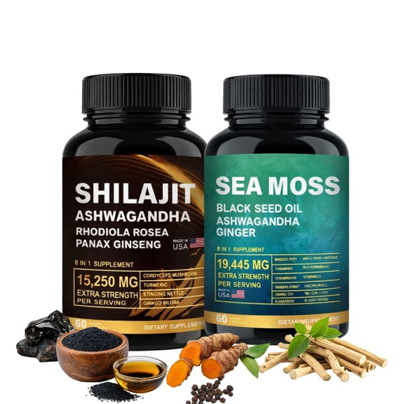 DEZEN Shilajit 15250mg & Sea Moss 19445mg - 60 Count Each with Black Seed Oil, Ashwagandha, Ginger, Rhodiola Rosea