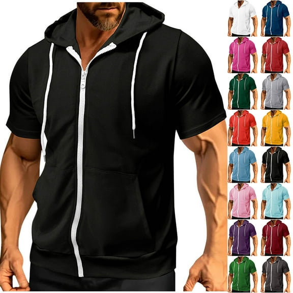 LODIENY Athletic Hoodie T-Shirts for Men Lightweight Casual Drawstring Summer Short Sleeve Full Zip up Hooded Pullover Tops with Kangaroo Pockets Pink L