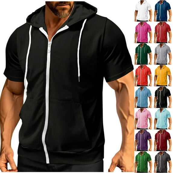 LODIENY Athletic Hoodie T-Shirts for Men Lightweight Casual Drawstring Summer Short Sleeve Full Zip up Hooded Pullover Tops with Kangaroo Pockets White XL