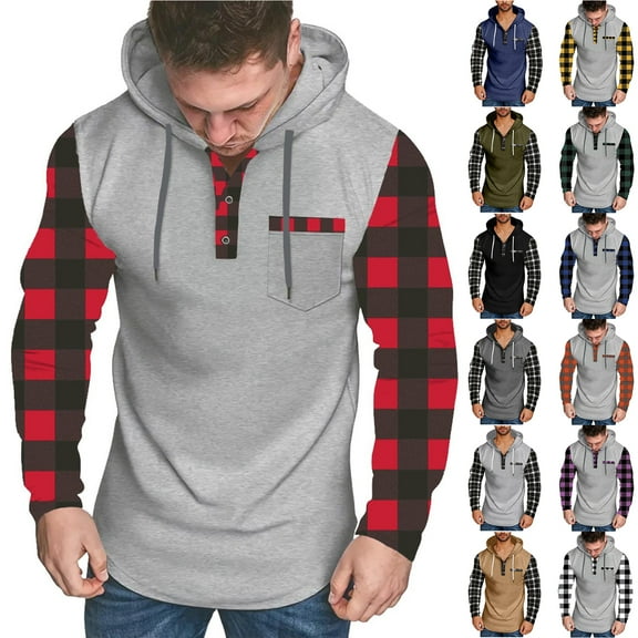 LODIENY Athletic Hoodie Tops for Men Lightweight Regular Fit Casual Buffalo Plaid Patchwork Long Sleeve Drawstring Henley Hooded Pullover Sweatshirts with Pockets Army Green XXL