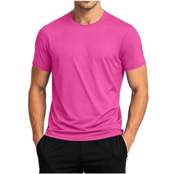 LODIENY Athletic T-Shirts for Men Short Sleeve Crew Neck Solid Color Moisture Wicking Tops Casual Classic Basic Fit Workout Tee Shirt Hot Pink L