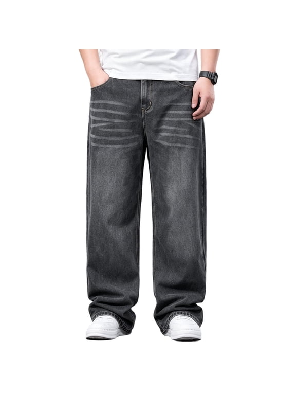 Baggy Jeans for Men Y2K Streetwear Vintage Wide Leg Loose Fit Denim Pants Hip Hop Skater Carpenter Jean Gray 30