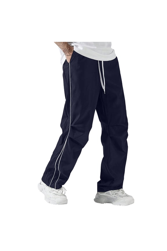 Baggy Parachute Pants for Men Loose Fit Casual Wide Leg Lightweight Drawstring Trousers with Pockets Navy S