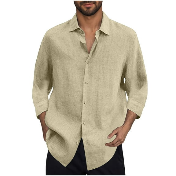 LODIENY Button Down Linen Shirts for Men Lightweight Casual Long Sleeve Regular Fit Cotton Beach Vacation Tees Shirt Tops Khaki L