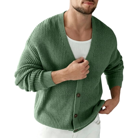 LODIENY Button Front V Neck Knit Cardigan Sweaters for Men Casual Long Sleeve Loose Fit Warm Sweater Fall Winter Weekend Outing Office Cardigan Green XL