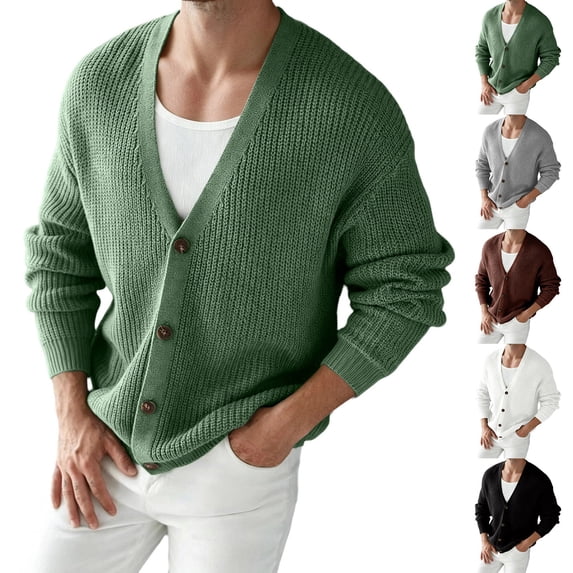 LODIENY Button Front V Neck Knit Cardigan Sweaters for Men Casual Long Sleeve Loose Fit Warm Sweater Fall Winter Weekend Outing Office Cardigan White L