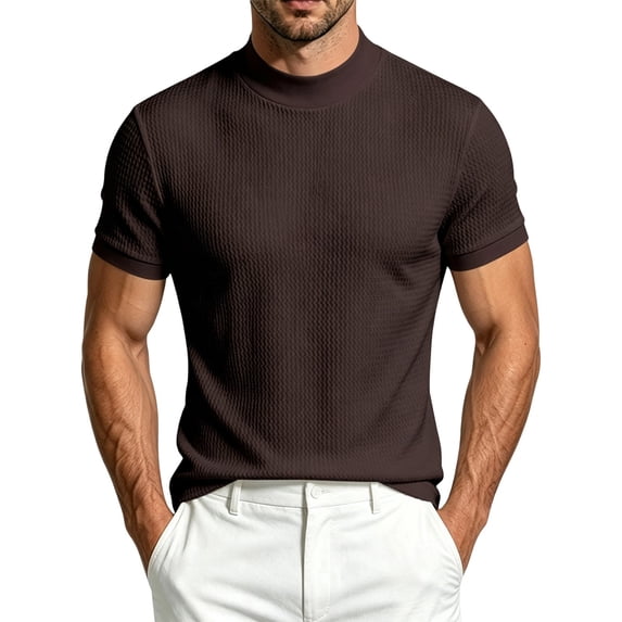 LODIENY Casual Slim Fit Basic Tops for Men Short Sleeve Shirt Turtleneck T Shirts Jacquard Textured Stretch Stylish Tees Coffee S