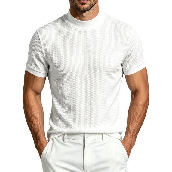 LODIENY Casual Slim Fit Basic Tops for Men Short Sleeve Shirt Turtleneck T Shirts Jacquard Textured Stretch Stylish Tees White S