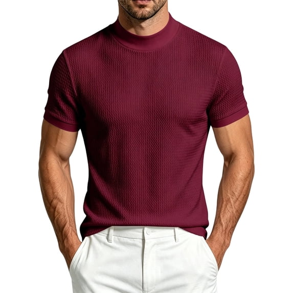 LODIENY Casual Slim Fit Basic Tops for Men Short Sleeve Shirt Turtleneck T Shirts Jacquard Textured Stretch Stylish Tees Wine L