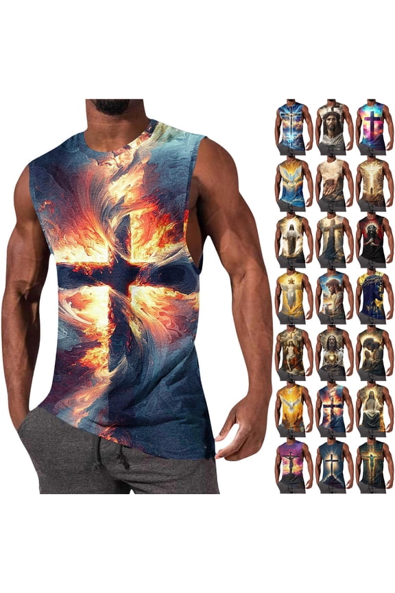 Cool Tank Tops for Men Workout Muscle Novelty Funny 3D Cross Pattern Printed Loose Fit Summer Casual Mens Sleeveless Athletic Workout Tee Shirts Purple XL