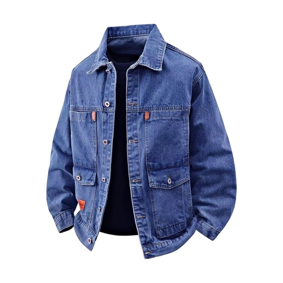 LODIENY Denim Jackets for Men with Multi Pockets Button Down Collared Trucker Jean Jacket Baggy Coats Fall Outfits Blue XXXL