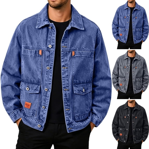 LODIENY Denim Jackets for Men with Multi Pockets Button Down Collared Trucker Jean Jacket Baggy Coats Fall Outfits Gray XXS