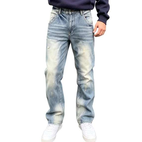 LODIENY Distressed Washed Baggy Jeans for Men Y2k Skater Vintage Streetwear Pants Casual Straight Leg Loose Fit Denim Trousers Blue L